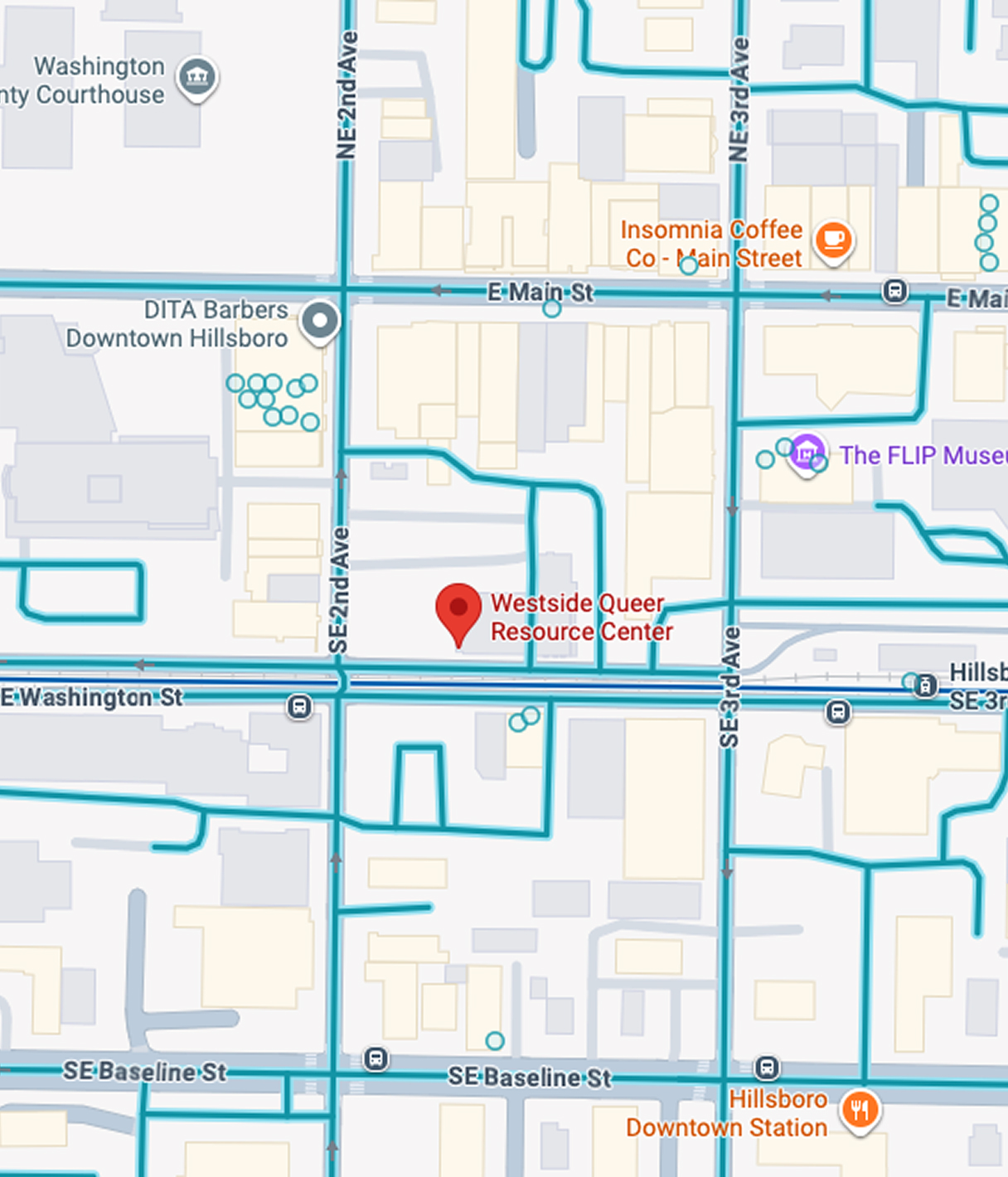 Map showing location of Westside Queer Resource Center.  Location details under How to Find Us heading.